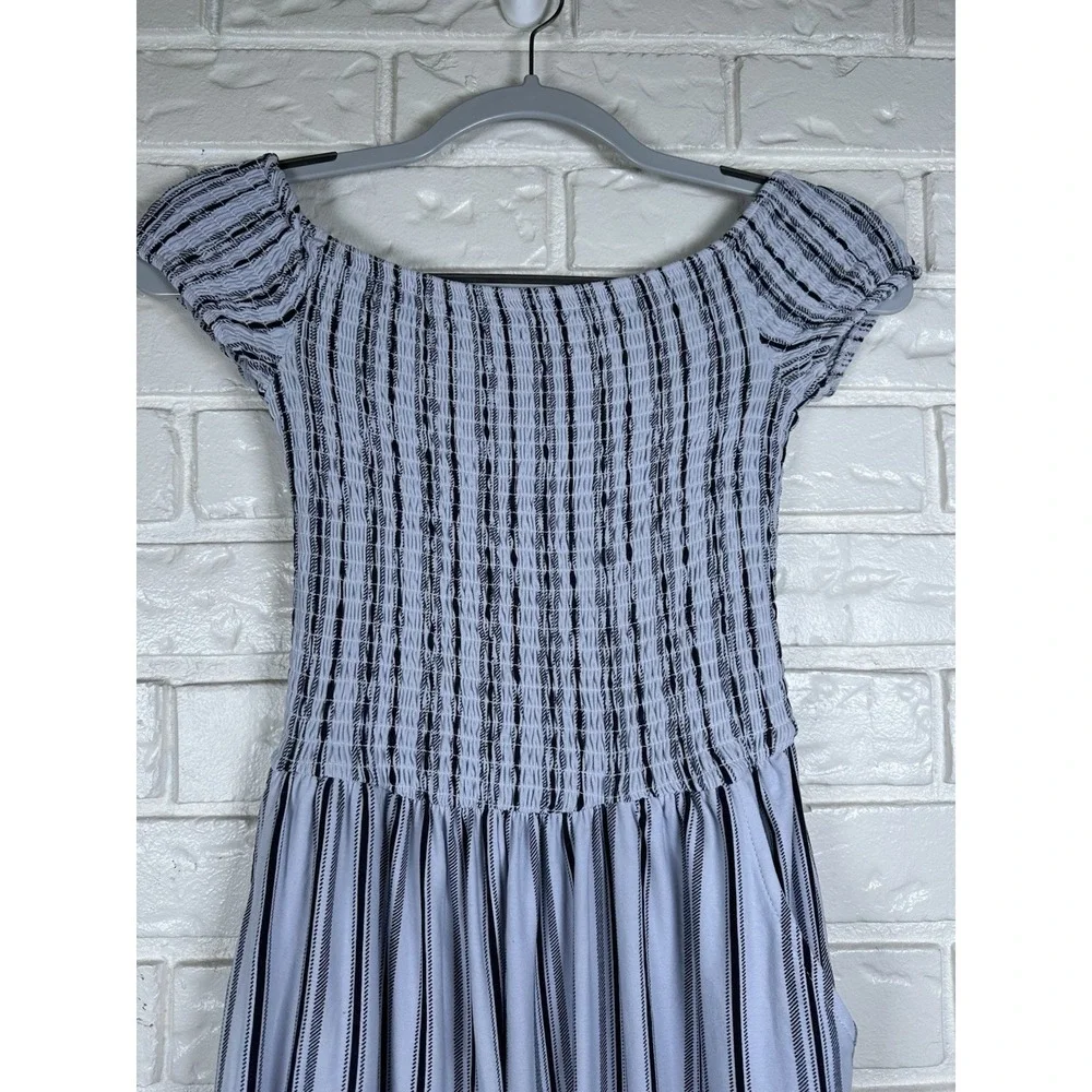 Justify L Smocked Off Shoulder Striped Jumpsuit Blue White Wide Leg Boho‎